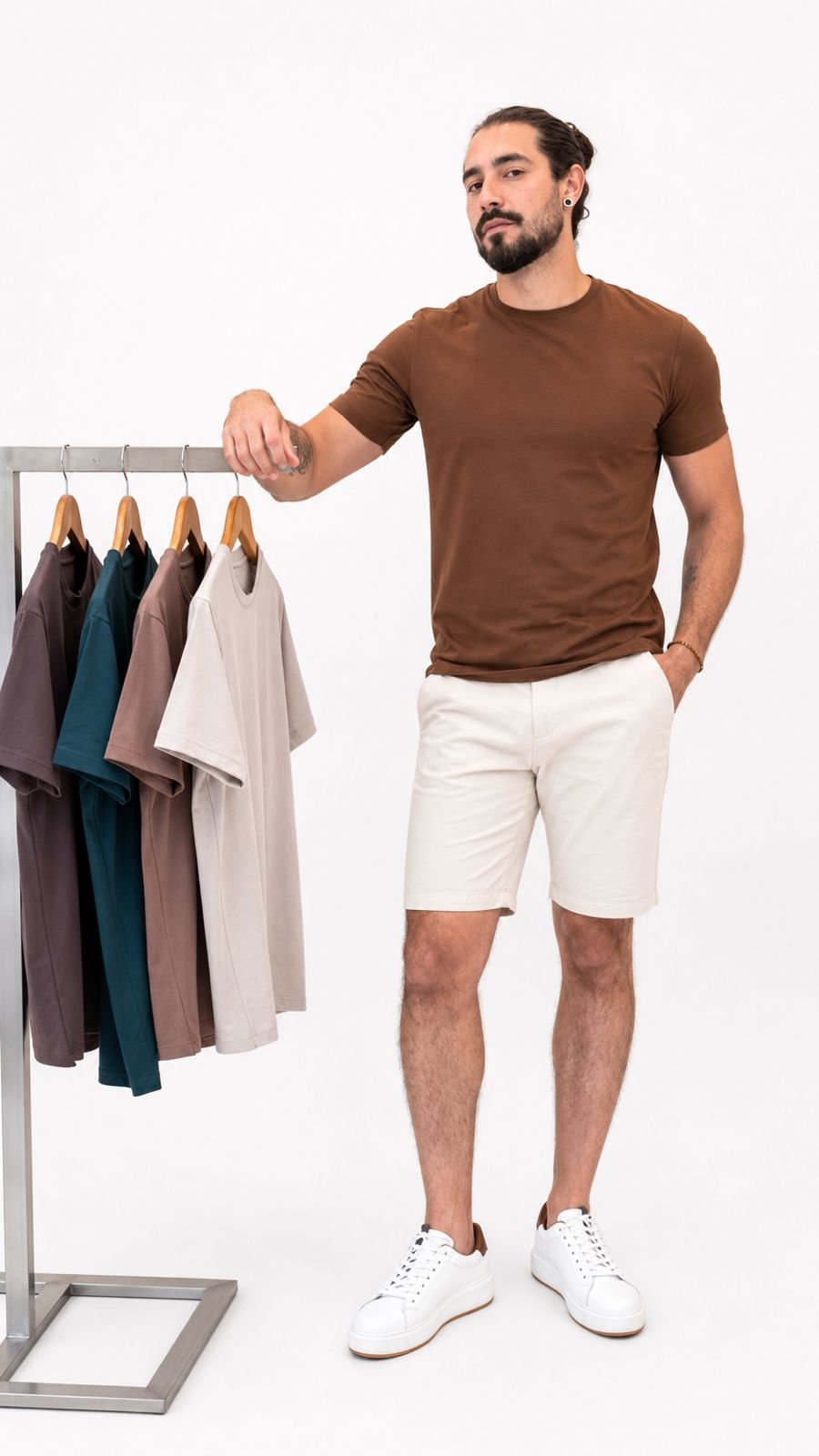 Arara com camisetas em quatro tons diferentes, curadoria de cor